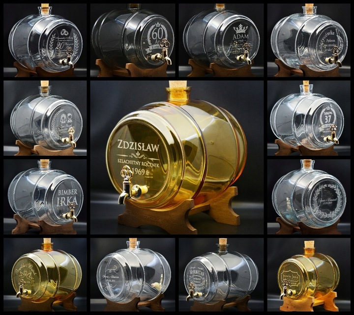 Beczka szklana antałek beczułka karafka 2L z kranikiem GRAWEREM na