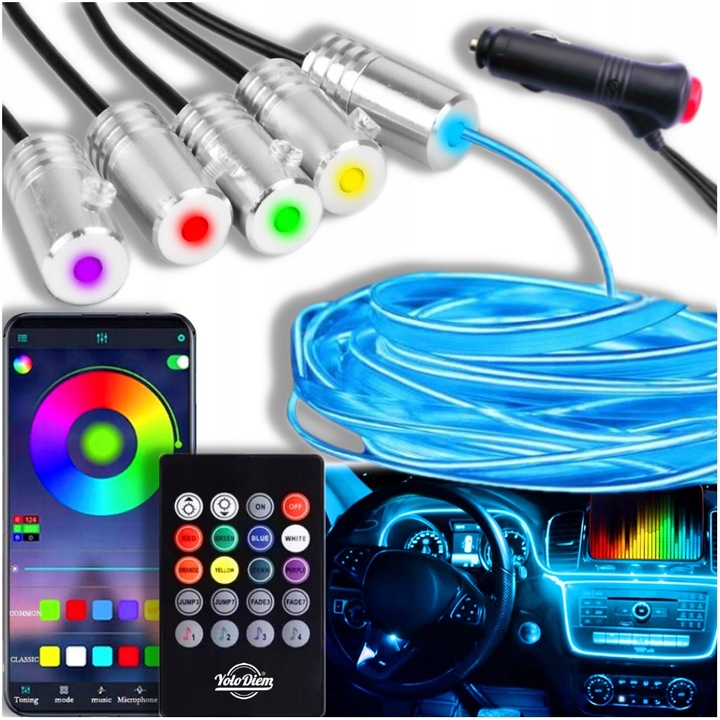 Światłowód do Samochodu Oświetlenie Ambient LED RGB 7m APKA+PILOT ZESTAW XL