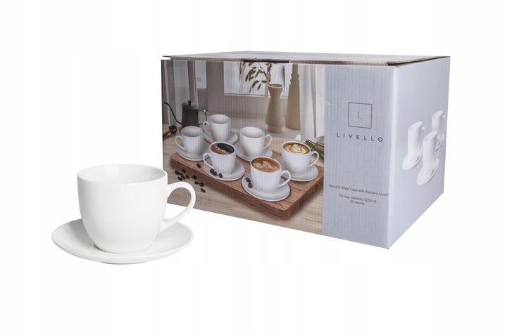 6 x FILIŻANKA ZE SPODKIEM ZESTAW FILIŻANKI DO KAWY 250 ml PORCELANA LIVELLO
