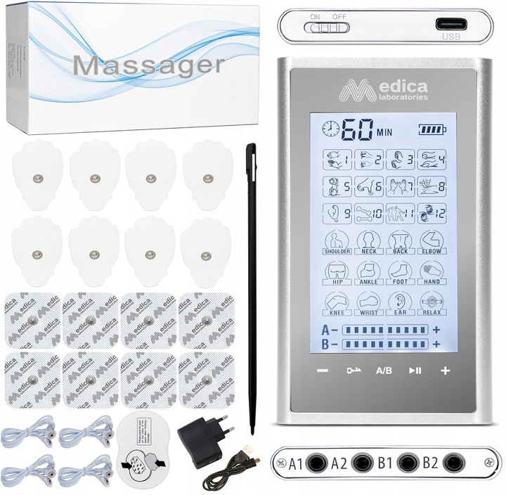 ELEKTROSTYMULATOR MIĘŚNI MASAŻER TENS EMS + ELEKTRODY 16 szt. ZESTAW XXL