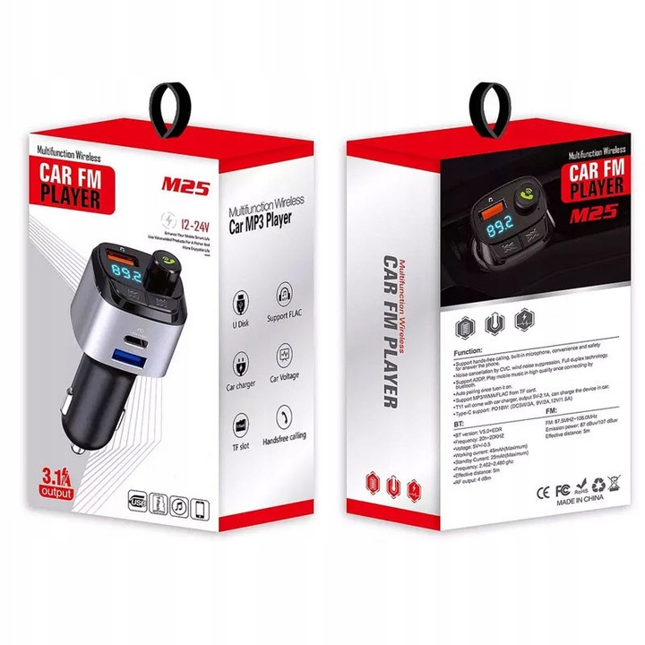 TRANSMITER SAMOCHODOWY FM BLUETOOTH ZESTAW GŁOŚNO MÓWIĄCY ŁADOWARKA QC