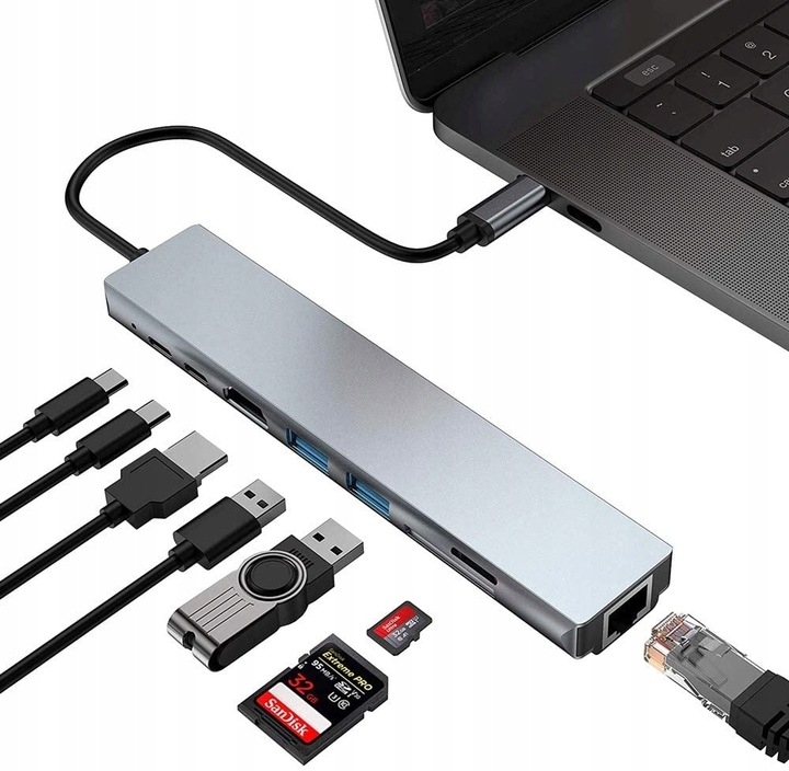 HUB USB-C ADAPTER LAN RJ45 HDMI 4k SD USB 3.0 PD do Laptopa Macbook