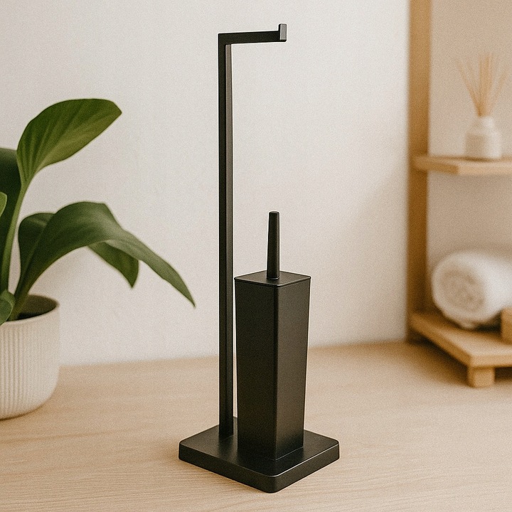 STOJAK NA PAPIER TOALETOWY CZARNY Z POJEMNIKIEM NA SZCZOTKĘ 2W1