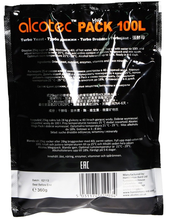 Drożdże gorzelnicze ALCOTEC Mega Pack na 100L