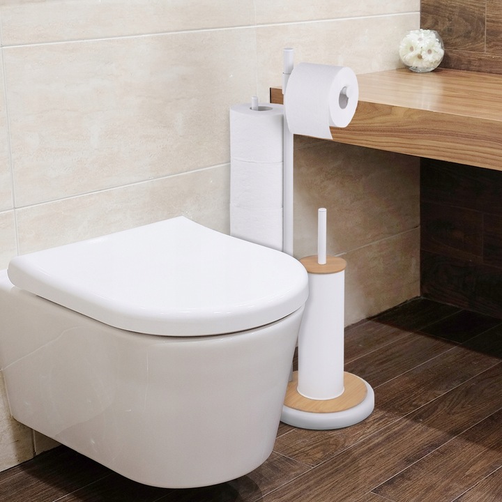 Stojak z uchwytem na papier toaletowy i szczotka do WC toalety biała bambus
