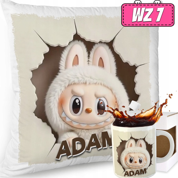 ZESTAW PODUSZKA KUBEK SŁODKI POTWOREK LABUBU LALKA WZORY PREZENT IMIĘ