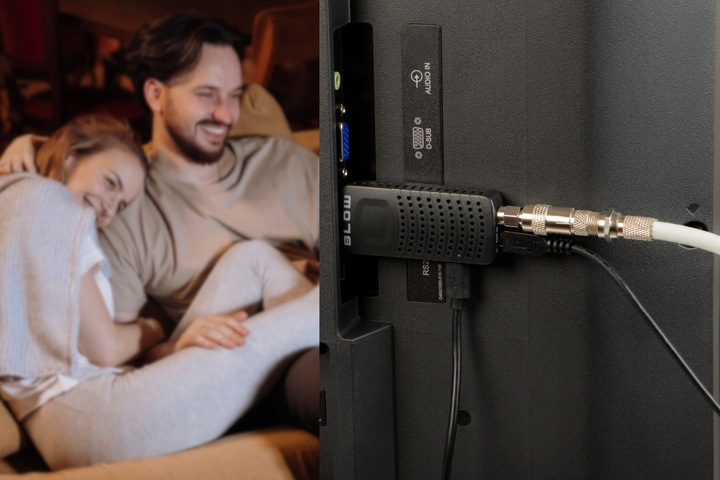 DEKODER TUNER TV DVB-T2 HEVC H.265 FULL HD MINI STICK PILOT BATERIE ZESTAW