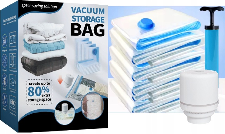 12x WORKI PRÓŻNIOWE DO PAKOWANIA NA UBRANIA POŚCIEL DO WALIZKI 2X POMPKA