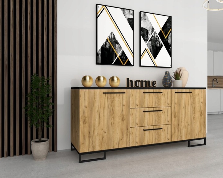 Komoda do salonu Szafka RTV z Szufladami Dąb Craft Złoty Czarna 150