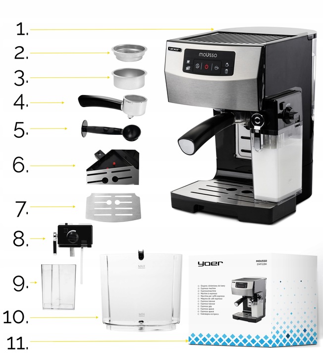 Ekspres do kawy Ciśnieniowy Automatyczny Yoer INOX 20bar + Spieniacz