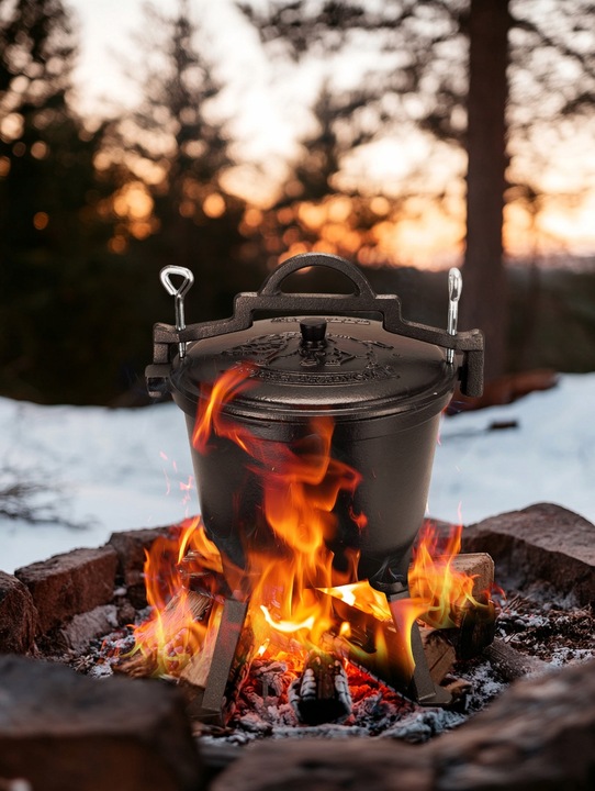 KOCIOŁEK MYŚLIWSKI ŻELIWNY EMALIOWANY GARNEK STOJĄCY NA OGNISKO 10L