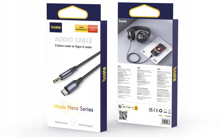 BOSTE KABEL ADAPTER PRZEJŚCIÓWKA AUDIO USB-C DO MINI JACK 3.5MM AUX 1M