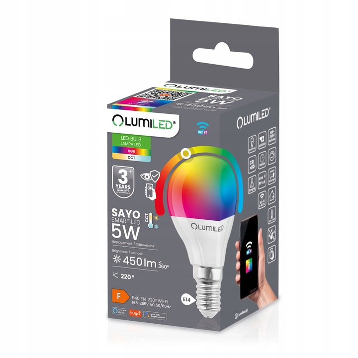 Żarówka LED E14 P40 5W=40W TUYA RGB CCT Ściemnialna Inteligentna WiFi