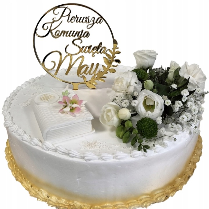Topper na komunię z imieniem złoty Pierwsza Komunia IMIĘ złote lustro tort