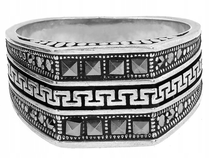 Srebrny 925 sygnet uniwersalny oksydowany z wzorem greckim na prezent r28