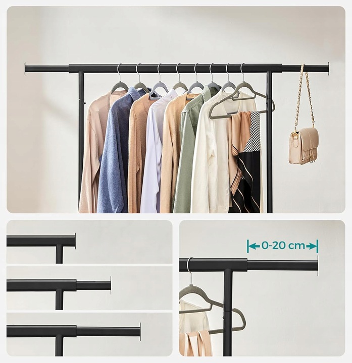 MOBILNY wieszak stojący na ubrania NA KÓŁKACH 45,4x(92-132)x160