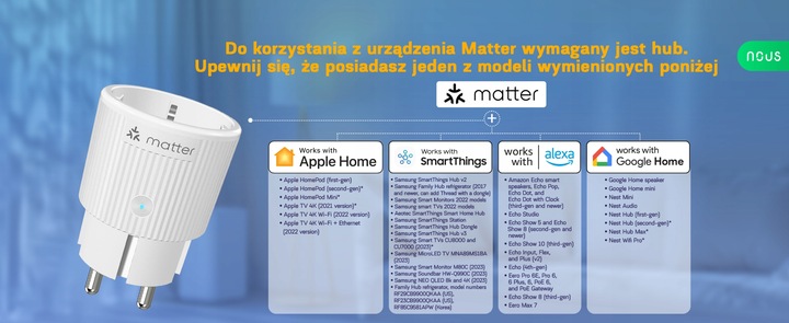 Gniazdo Smart Matter NOUS A8M 16A Home Assistant TUYA Appel HomeKit