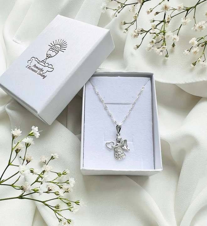 SREBRNY ŁAŃCUSZEK KOMUNIJNY I MEDALIK ANIOŁEK NA PREZENT DLA DZIEWCZYNKI