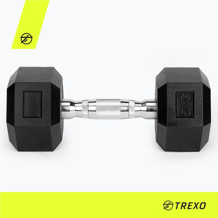 Hantel ogumowany TREXO Hex 5 kg Żeliwny ANTYPOŚLIZGOWY I SOLIDNY DO ĆWICZEŃ