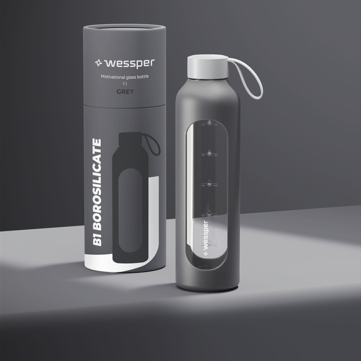 Wessper B1 szklana butelka na wodę 1l z miarką na trening do biura