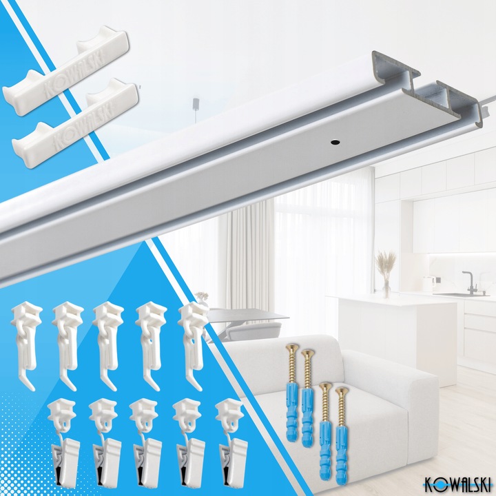 Karnisz Szyna Sufitowa Aluminiowa Podwójna Biała Żabki Agrafki 200 cm