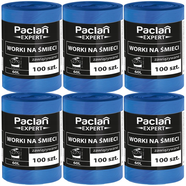 Worki na śmieci uniwersalne Paclan EXPERT 60 L - 600 szt. - 6 rolek x 100