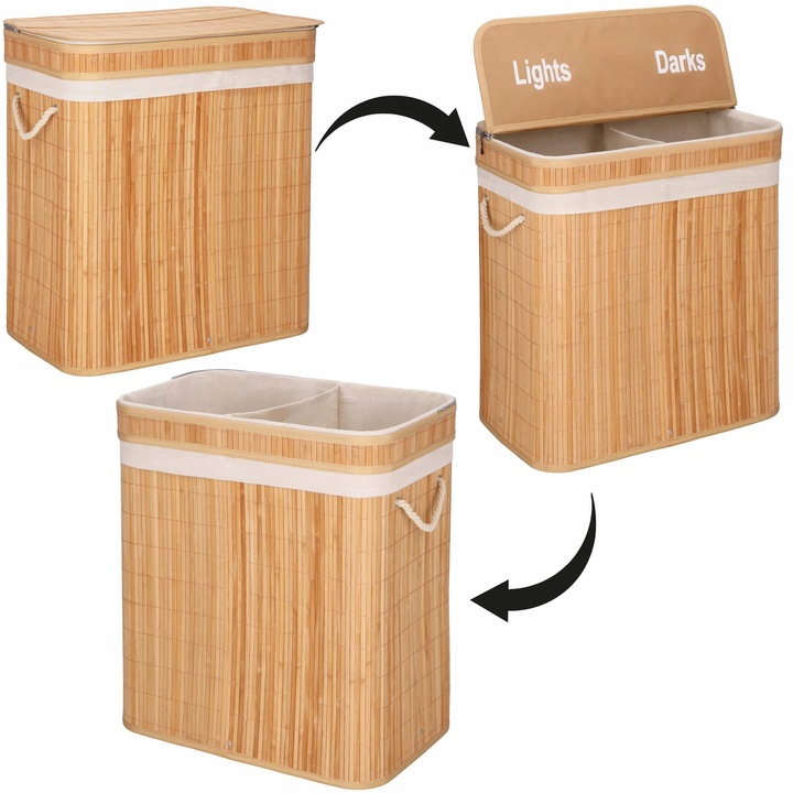 KOSZ BAMBUSOWY NA PRANIE BIELIZNĘ DWUKOMOROWY Z POKRYWĄ POJEMNIK DUŻY 100L