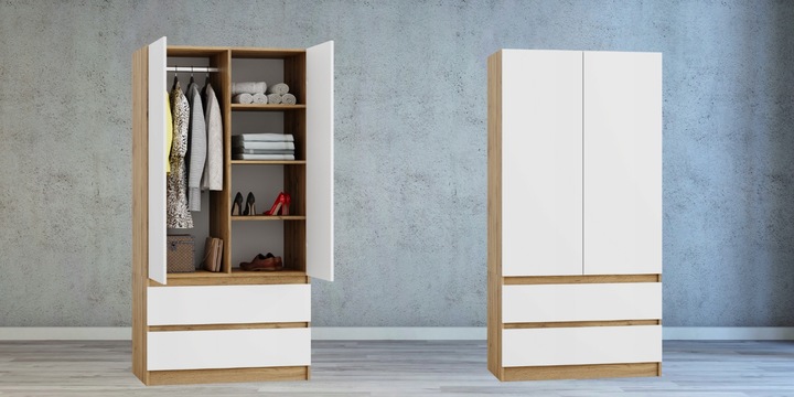 SZAFA DĄB WOTAN BIAŁA GARDEROBA DUŻA NA UBRANIA OTWIERANA 2 SZUFLADY