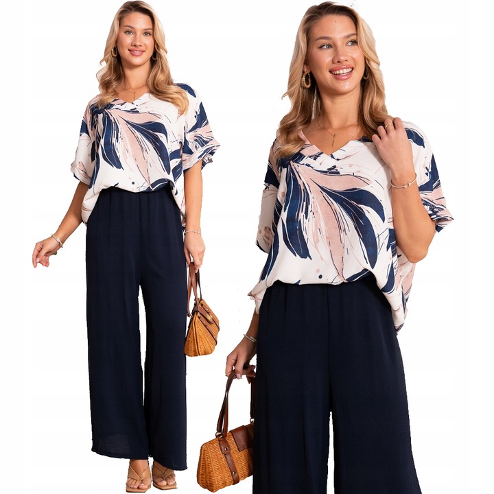 Elegancki KOMPLET Casual BLUZKA W Serek Szerokie SPODNIE Liście Granat
