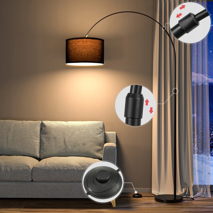 Lampa Podłogowa Łukowa 3000K Regulowana wysokość Czarny klosz E27 9W