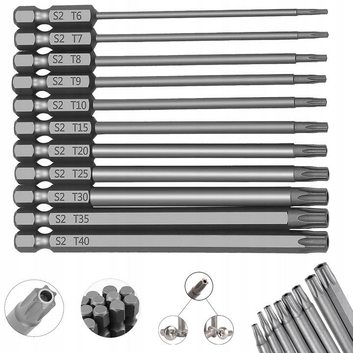 11X DŁUGIE BITY TORX KLUCZE - ZESTAW BITÓW 100mm T6 T15 T20 T25 T27