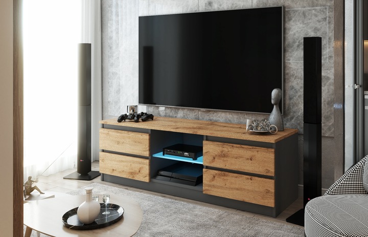 Szafka RTV 138cm Stolik pod TV Komoda stojąca 4 szuflady ANTRACYT DĄB