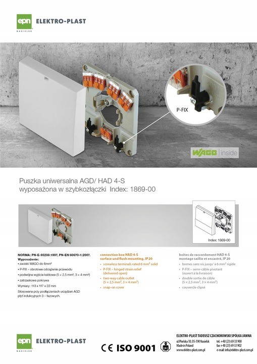 Puszka do podłączeń AGD do kuchenek HAD 4S zaciski WAGO 6mm2 3 fazy