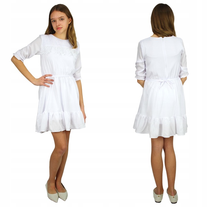 Sukienka BIAŁA Komunia KORONKA Z Falbanką 134