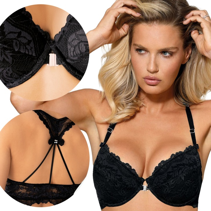 Biustonosz Zapinany z Przodu Push Up Koronkowy Szyty w Polsce Czarny 85C