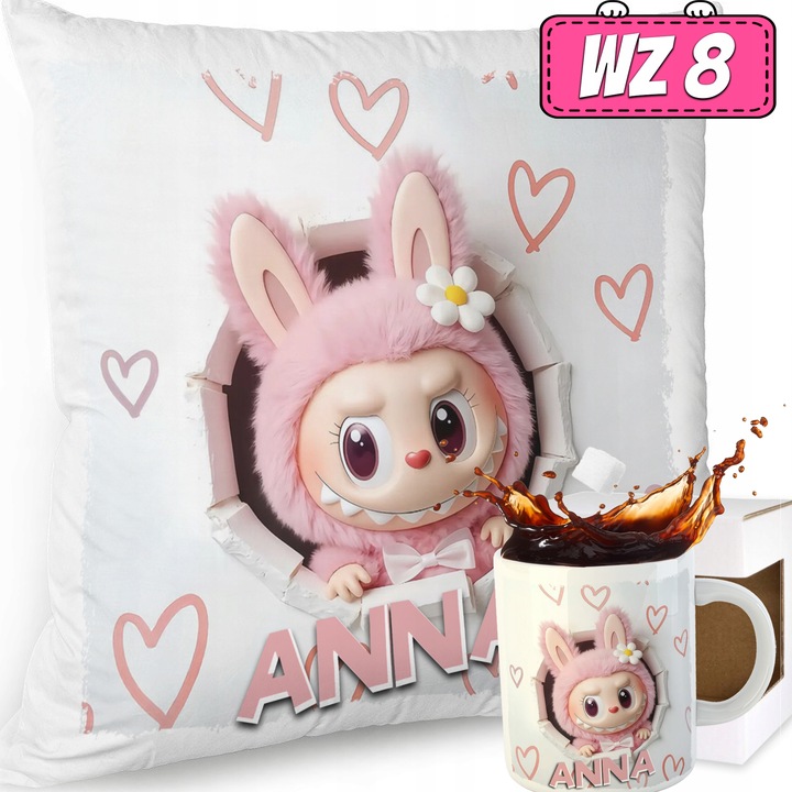 ZESTAW PODUSZKA KUBEK SŁODKI POTWOREK LABUBU LALKA WZORY PREZENT IMIĘ