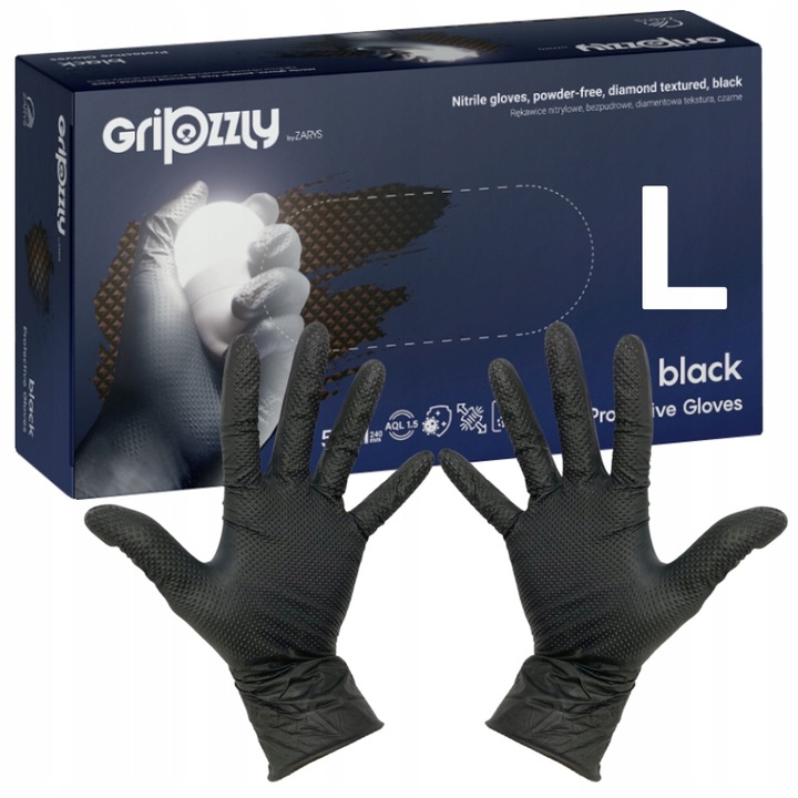 Rękawiczki robocze NITRYLOWE czarne AQL 1.5 GRIPZZLY Black r.L 50 szt.