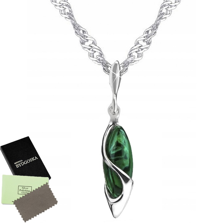 NASZYJNIK SREBRNY ŁAŃCUSZEK SREBRO PRÓBA 925 MALACHIT Z ZAWIESZKĄ DAMSKI