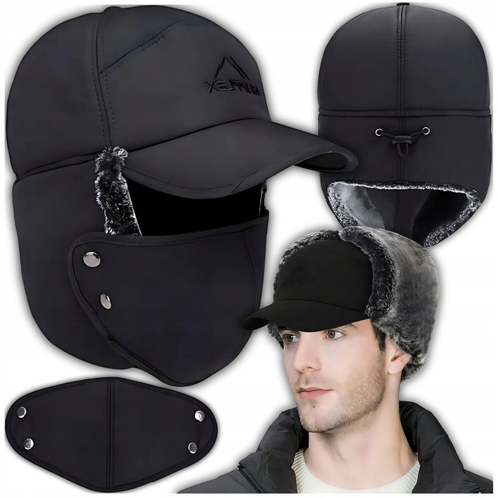 CIEPŁA CZAPKA ZIMOWA Z FUTERKIEM NA ZIMĘ MĘSKA Z DASZKIEM NAUSZNIKI