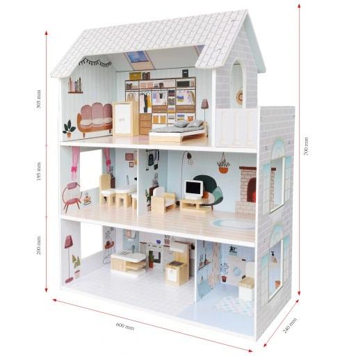 DUŻY DREWNIANY DOMEK DLA LALEK XXL 3 PIĘTRA +MEBLE