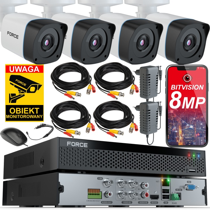 FORCE Zestaw monitoringu 4x Kamera AHD 8MPx 4K, PODGLĄD ONLINE