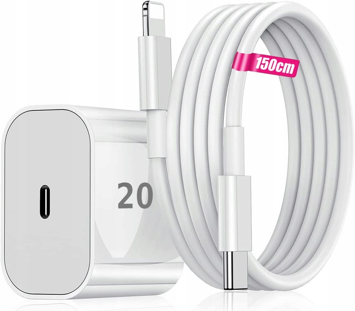 ŁADOWARKA SIECIOWA ZASILACZ PD 20W + KABEL DO IPHONE USB-C LIGHTNING 200cm