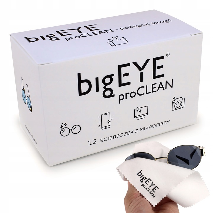bigEYE proCLEAN ŚCIERECZKI DO OKULARÓW EKRANÓW Z MIKROFIBRY 12 SZTUK
