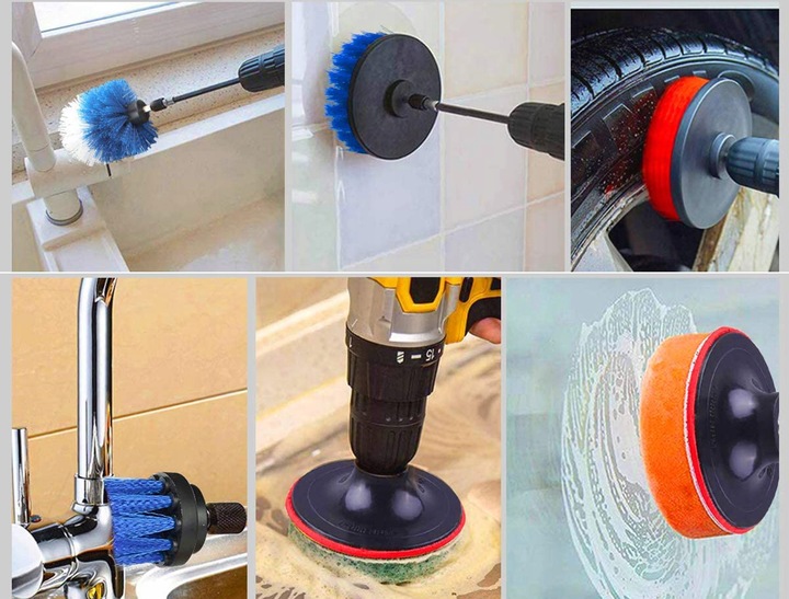 SZCZOTKI SPRZĄTAJĄCE CZYSZCZĄCE NA WIERTARKĘ WKRĘTARKĘ PADY NYLONOWE ZESTAW