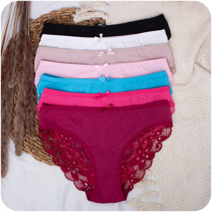 Majtki Koronkowe Bawełniane Wielokolorowe Damskie Figi Wygodne S 7-PAK
