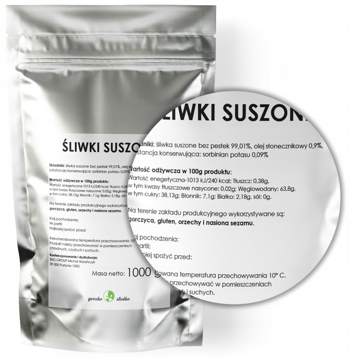 Śliwki suszone bez pestek 1 kg zdrowa przekąska bez cukru GORZKO SŁODKO