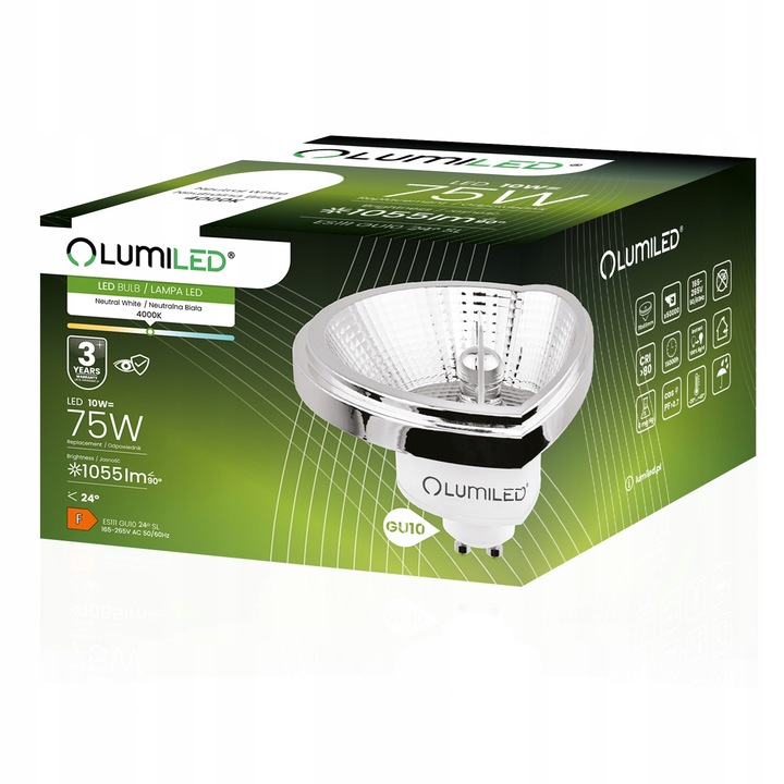 Żarówka LED AR111 ES111 GU10 10W = 75W 1055lm 4000K Neutralna 24°