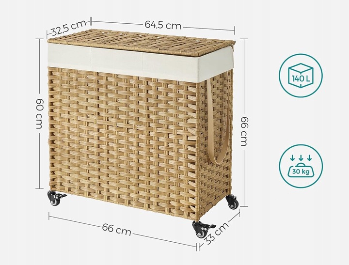 Kosz NA PRANIE pojemnik RATTAN naturalny NA KÓŁKACH 3 PRZEGRÓDKI 140L