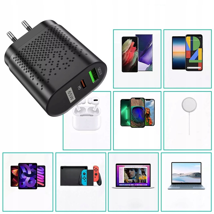 SZYBKA ŁADOWARKA SIECIOWA GaN 65W DO TELEFONU USB-C PD QC MOCNY ZASILACZ