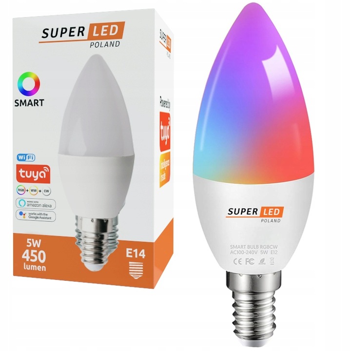 Żarówka LED C37 E14 SMART 5W RGB WW CW Wi-Fi TUYA SuperLED
